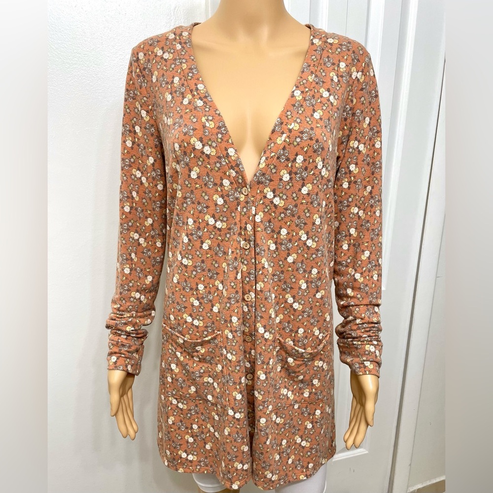 Agnes & Dora Floral Long sleeve Cardigan Sweater Vintage Orange V-neck Top Sz M